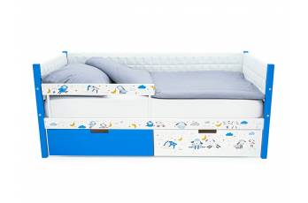Кровать-тахта Svogen мягкая с ящиками и бортиком с фото синий/львята