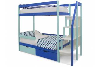 Двухъярусная кровать Svogen с ящиками и бортиком мятно-синий