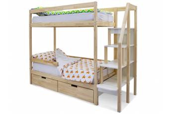 Двухъярусная кровать Svogen с ящиками и бортиком натура без покрытия