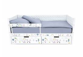 Кровать-тахта Svogen мягкая с ящиками и бортиком с фото белый/лисята