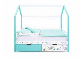 Кровать-домик Svogen с фото с ящиками и бортиком мятный/динозаврики