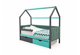 Кровать-домик мягкий Svogen с ящиками и бортиком графит-мятный