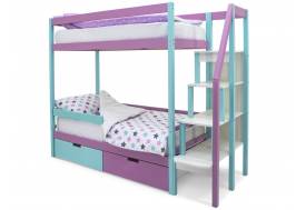 Двухъярусная кровать Svogen с ящиками и бортиком мятный-лаванда