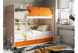 Кровать двухъярусная Тетрис латы с бортиками дуб млечный-оранжевый