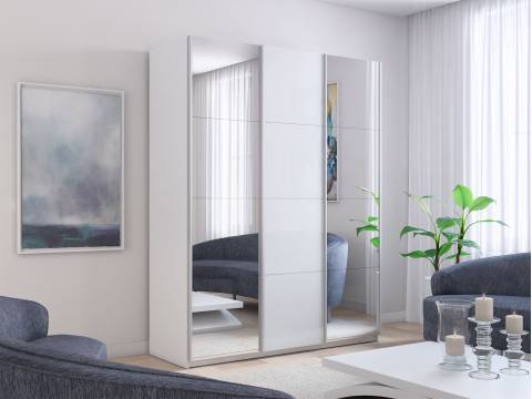 Шкаф-купе Прайм 3-х дверный 1800 Зеркало/Стекло Белое/Зеркало Белый Снег