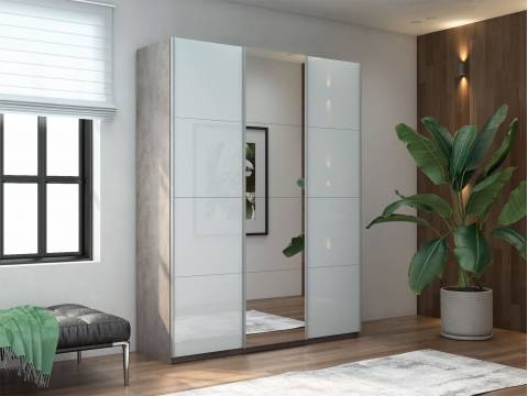 Шкаф-купе Прайм 3-х дверный 2100 два Стекла Белые/Зеркало Бетон