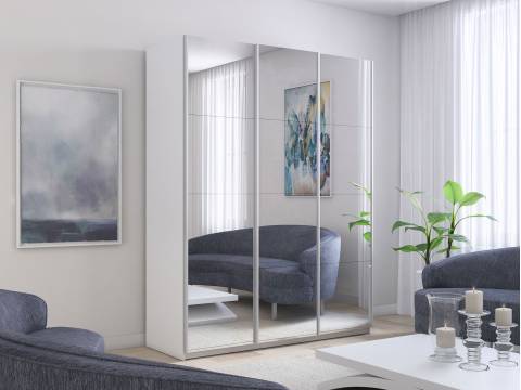 Шкаф-купе Прайм Широкий 3-х дверный три зеркала Белый Снег